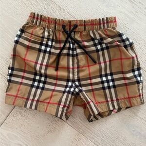 Burberry Kids Tan Plaid Swim Shorts with Black Drawstring